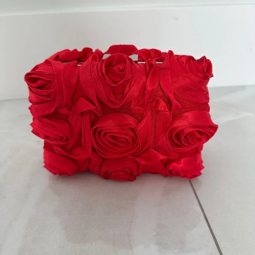 Red Floral Evening Bag with Chain Strap